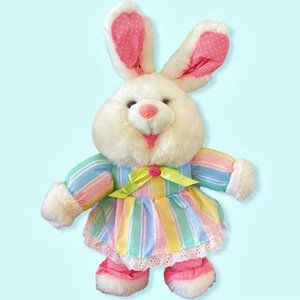 Vintage 1990s Easter Bunny Rabbit 15" Stuffed Plush Pastel Dress Pink Polka Dots